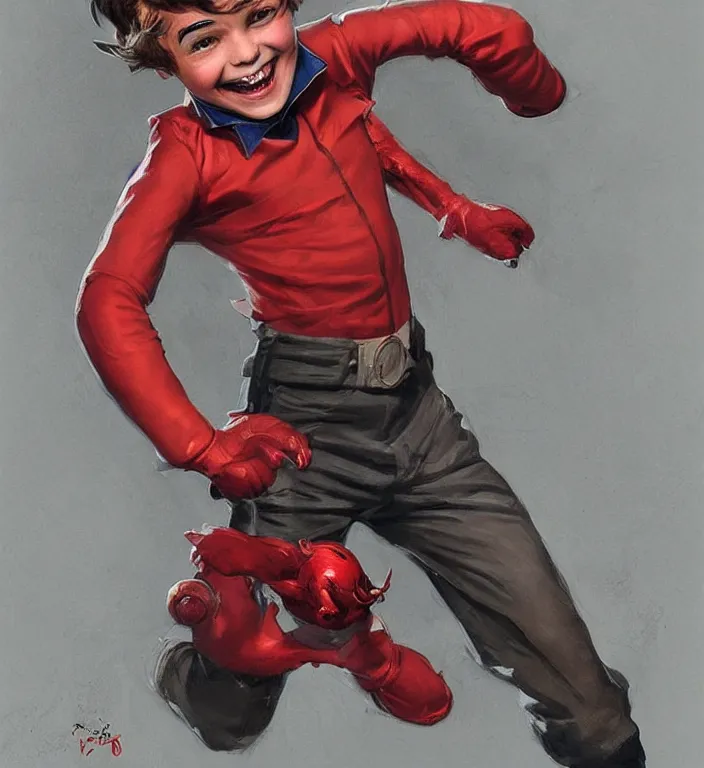 Prompt: medium shot, a boy with mildly dangerous looking eyes with smile with red suit on, very detailed, digital art, concept art, studio quality, fantasy, art style by J. C. Leyendecker