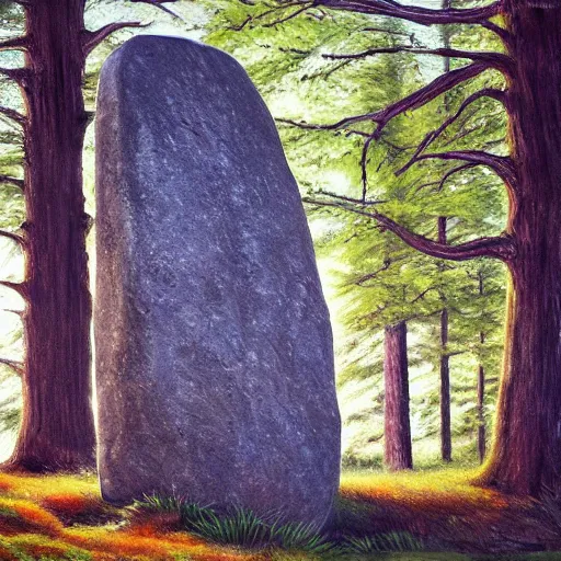 Prompt: runestone, monument, megalithic, oil painting, nature, trees, forest