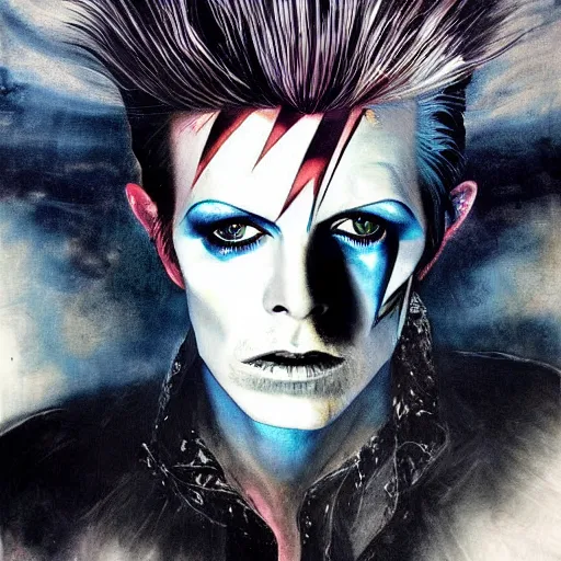 Image similar to stunning portrait of gaunt david bowie a ( the cure fan ) as dream from sandman, dim stars as eyes, by jeremy mann, by cedric peyravernay, by by russ mills, by richard avedon and ben templesmith, dramatic lightning, sadness, dark eye sockets, in the shadows, punk rock, gothic, high detailed, 8 k