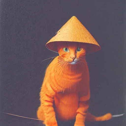 Image similar to A portrait of a orange cat wearing a small vietnamese straw hat, award winning photo, polaroid, color photo