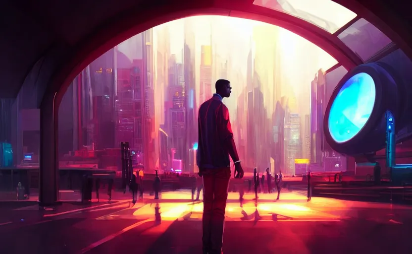 Image similar to handsome black genius infiltrating the metaverse, cenimatic and dramatic, curved translucent holographic displays, urban atmosphere, cmyk glowing lights, highly detailed, digital painting, artstation, concept art, smooth, sharp focus, illustration, art by wlop, mars ravelo and greg rutkowski