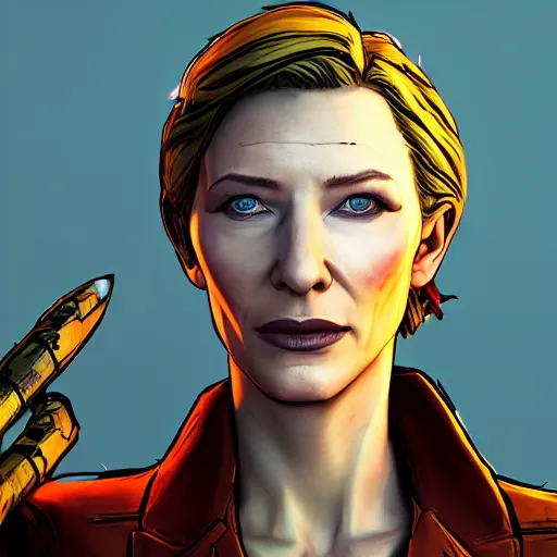 Image similar to cate blanchett portrait, borderlands, tales from the borderlands, the wolf among us, comic, cinematic lighting, studio quality, 8 k