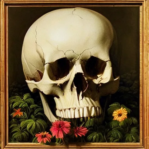 Prompt: a painting by Thomas Cole of a skull with flowers growing out, highly detailed 3d rendering from 1996