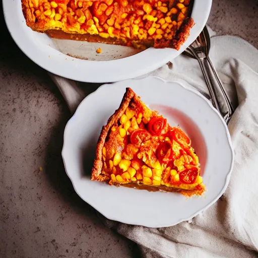 Prompt: tomato corn pie sitting in windowsill food photography studio lighting medium format photography