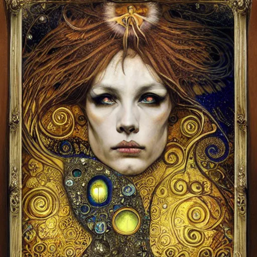 Image similar to Memento Mori by Karol Bak, Jean Deville, Gustav Klimt, and Vincent Van Gogh, beautiful visionary mystical portrait, otherworldly, fractal structures, ornate gilded medieval icon, third eye, spirals, beautiful ornate jeweled skull