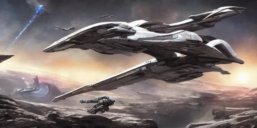 Prompt: A highly detailed Mass effect concept art of the Normandy SR2 landing on an alien planet