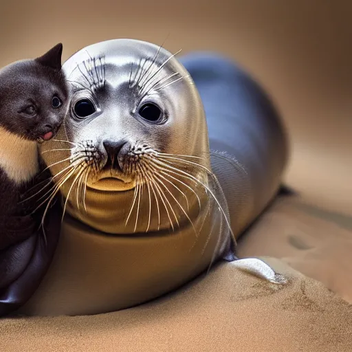 Image similar to national geographic photograph of a seal with a kitten