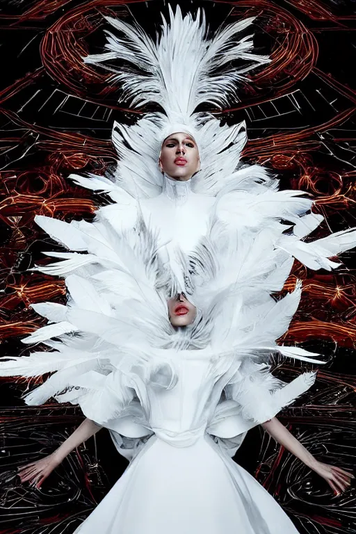 Image similar to lady gaga in a white dress with a plastic bag over her shoulder, a hologram by Alexander McQueen, featured on polycount, gothic art, made of feathers, ethereal, angelic photograph