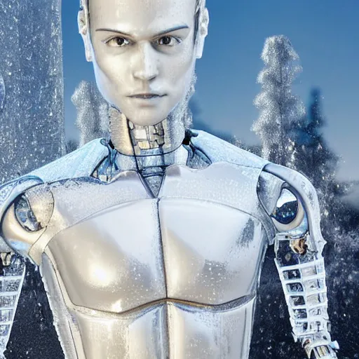 Image similar to made of ice, a realistic detailed photo of a guy who is an attractive humanoid who is half robot and half humanoid, who is a male android, on display, blank stare, showing off his muscles, shiny skin, posing like a statue, by the pool, frozen ice statue, twitch streamer / gamer ludwig, humanoid robot