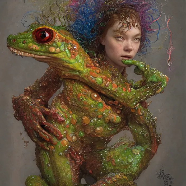 Image similar to a portrait photograph of sadie sink as a brightly colored amphibian with wet mutated skin. she wearing a tactical suit and has many body modifications. by tom bagshaw, donato giancola, hans holbein, walton ford, gaston bussiere, brian froud, peter mohrbacher and magali villeneuve. 8 k, fashion editorial, cgsociety