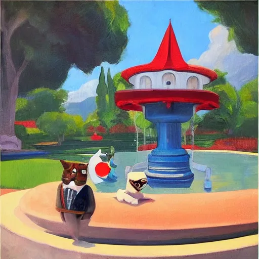 Image similar to a fine art painting of the ingame mascots from planet coaster in a water fountain with planet coaster in view in the style of edward hopper and wes anderson.