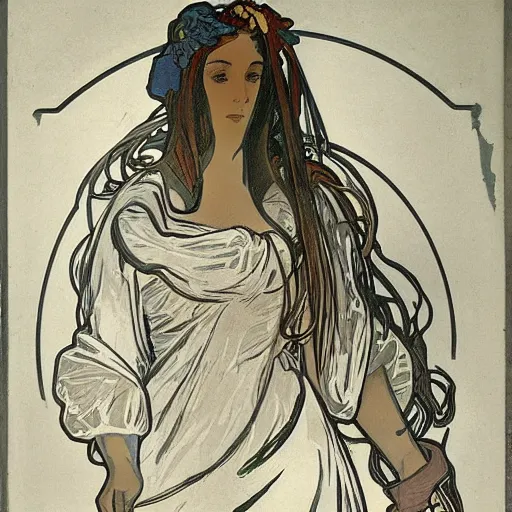 Prompt: a horse wearing a dress by alphonse mucha