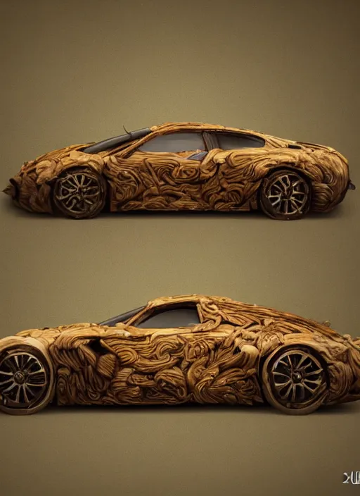 Image similar to a fancy car made out of carved woods on a forest, art style by klimt and nixeu and ian sprigger and wlop and krenz cushart, au naturel, hyper detailed, digital art, trending in artstation, cinematic lighting, studio quality, smooth render, unreal engine 5 rendered, octane rendered