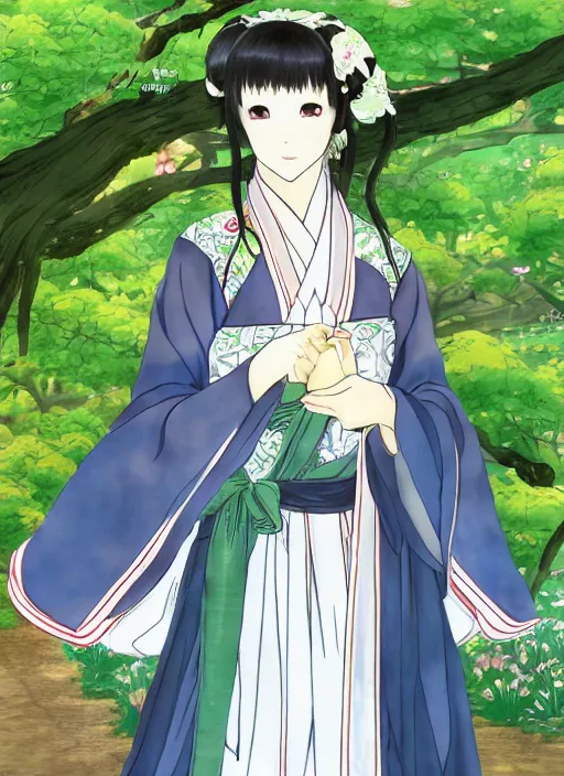 Image similar to beautiful seductive girl wearing hanfu, farm background, by kyoani in the style of shining resonance, by yuumei