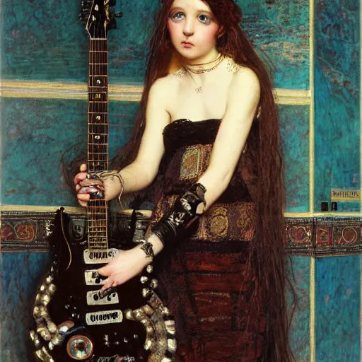 Image similar to Goth girl playing electric guitar by Mario Testino, oil painting by Lawrence Alma-Tadema, masterpiece