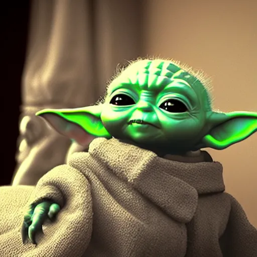 Image similar to baby yoda by bill watterson. 3 d render.