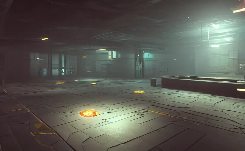 Image similar to screenshot of a game on unreal engine 5, narrow underground laboratory, photorealistic, liminal, retrofuturism, minimalism, clean, soft vintage glow
