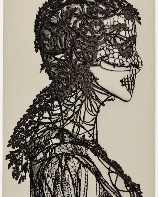 Image similar to a woman's face in profile, wearing a collared shirt, made of intricate decorative lace leaf skeleton, in the style of the dutch masters and gregory crewdson, dark and moody