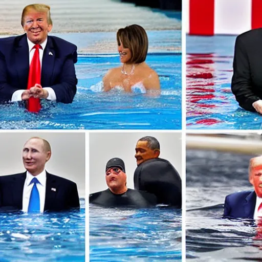 Prompt: putin, trump, obama and bush are below water scubadibing while smiling and having a great time