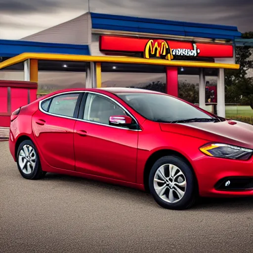 Prompt: photo of saul goodman at the mcdonald's drive thru in his red 2 0 1 4 dodge dart, taken with a canon eos 5 d,