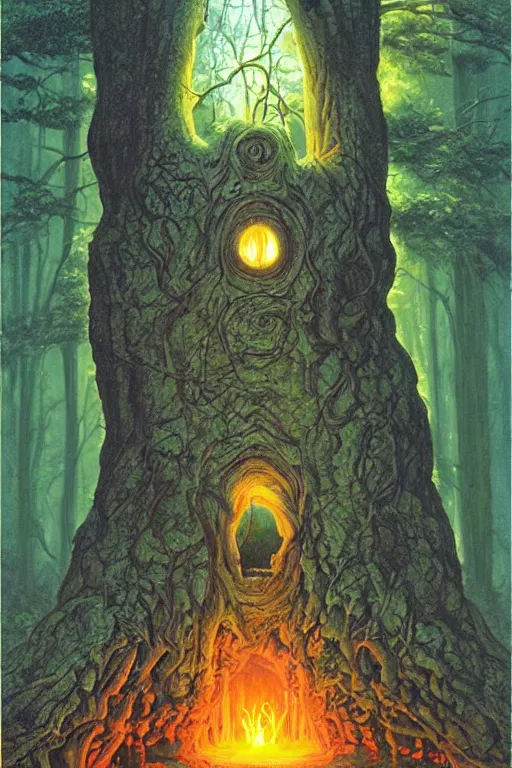 Image similar to a glowing portal to the underworld in a big old tree, concept art by michael whelan
