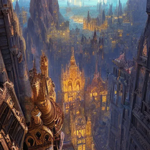 Image similar to a beauitful painting of a gilded gothic city made of bismuth and intricately detailed 3D mandelbulb motherboard brilliantly colored, reflective, panorama detailed matte painting by Henriette Grinda and Sparth and Jeff Simpson and beeple and Andy Grey, unreal engine, trending on behance, featured on artstation