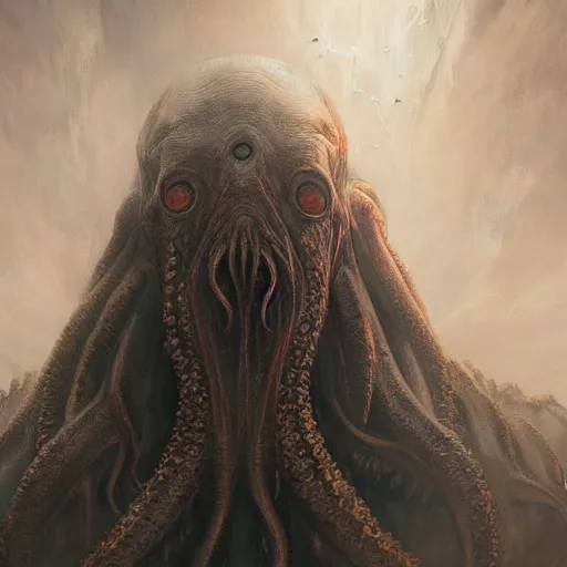 Image similar to human looking at big monstrosity portrait of Cthulhu, hyperdetailed, artstation, cgsociety, by greg rutkowski, by Gustave Dore