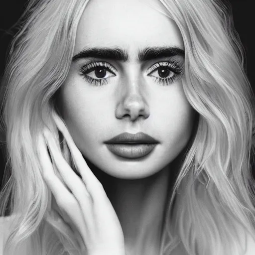 Image similar to portrait of a beautiful blonde queen girl lily collins, floating under the deep dream water, beautiful smooth soft light + white petal, by personal photography, art by brookskim, closeup, 4 k, highly detailed, instagram,