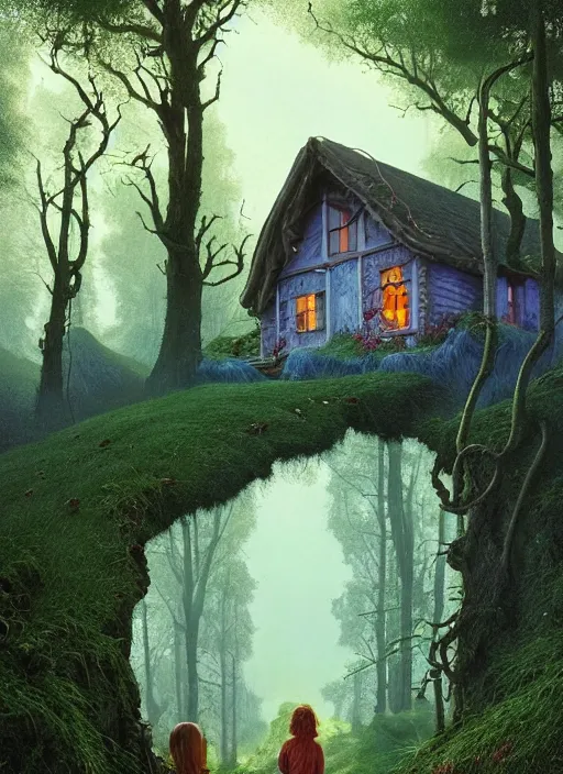 Image similar to hyper realistic homely ornate modern witch cottage distant down a path in the woods gorgeous lighting, blue sky, highly detailed, lush forest by zdzisław beksinski and norman rockwell and greg rutkowskiweta studio, and lucasfilm