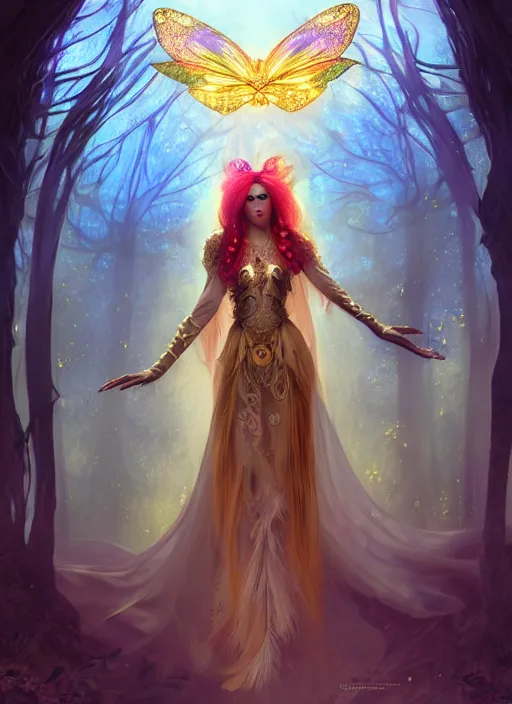 Prompt: stunningly beautiful female faerie priestess in amanita muscaria forest landscape, symmetrical wings on back, neon hair, fantasy art, wearing a dress of gossamer gold, inner glow, dark light night, sharp focus, digital painting, 4 k, concept art, art by wlop, greg rutkowski and alphonse mucha, brom, face by otto schmidt