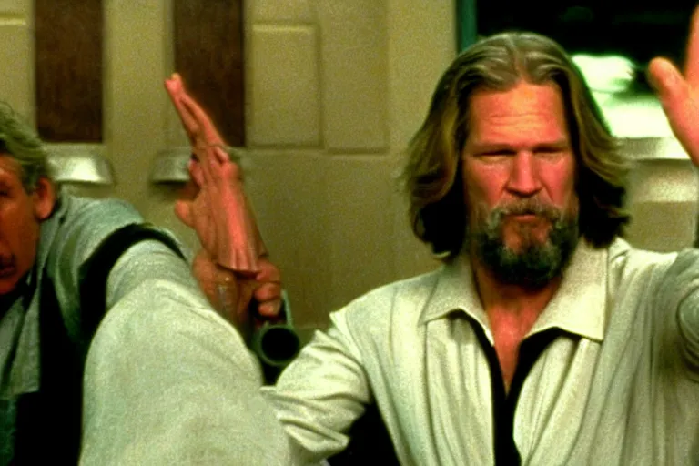 Image similar to Jeff Bridges from The Big Lebowski bowling in the Mos Eisley Cantina from Star Wars