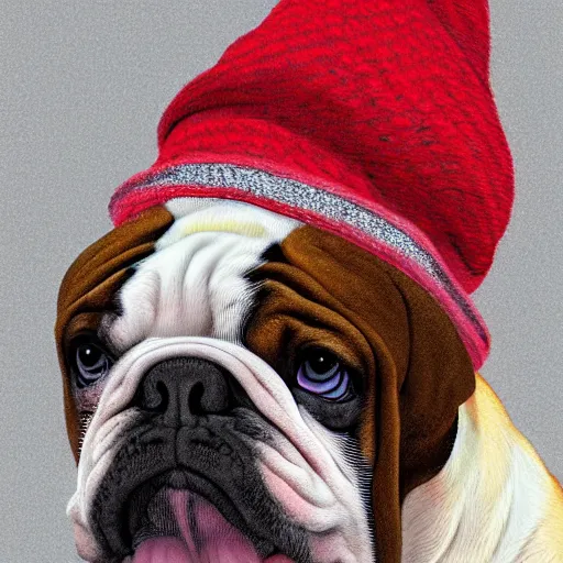 Image similar to bulldog wearing a beanie, highly detailed, sharp focus, digital painting, artwork by Victor Adame Minguez + Yuumei + Tom Lovell + Sandro Botticelli