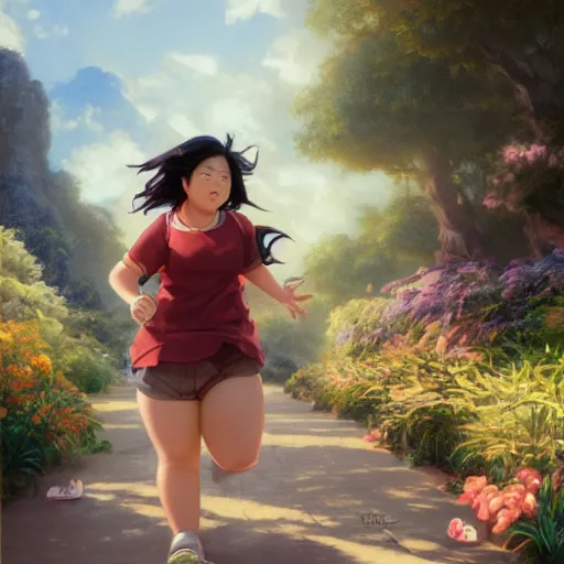 Image similar to portrait of a chubby taiwanese woman running, an oil painting by ross tran and thomas kincade, studio ghibli