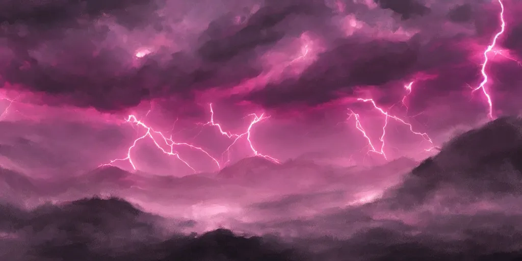 Image similar to ruby lightning stormclouds above a mountain range, concept art