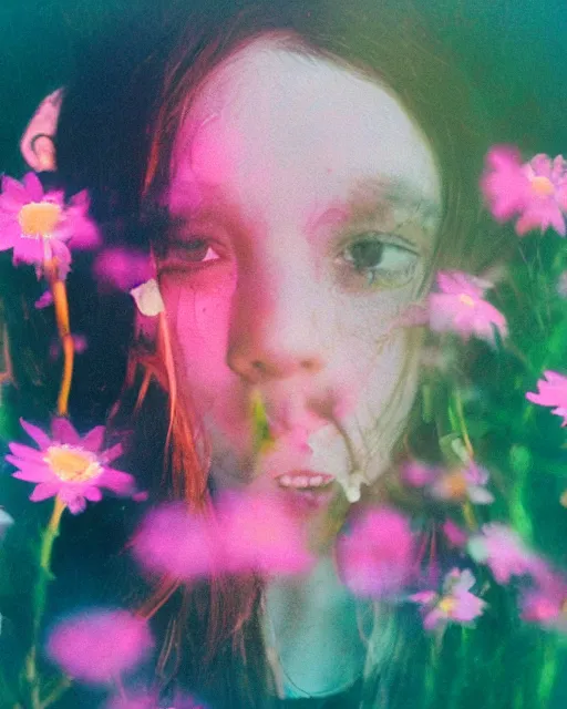 Prompt: oversaturated, burned, light leak, expired film, photo of a girl's crying face surrounded by crowded flowers