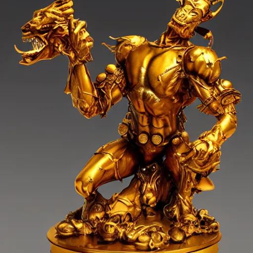 Image similar to Lucky Golden Goblin statue, bright art masterpiece artstation. hyper details, golden smooth material, sculpted by Alex Alice, Craig Mullins, yoji shinkawa, trending on artstation, beautifully lit, Peter mohrbacher, hyper detailed, insane details, intricate, elite, elegant, luxury, glittering light, CGsociety, hypermaximalist, golden ratio, treasure background, volumetric, octane render, weta digital, micro details, 3d sculpture