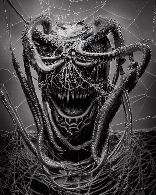 Image similar to gruesome creature with long tentacles and many eyes, spider - eyes, covered in eyes, glowing eyes, too many eyes, midnight fog - mist!, cinematic lighting, various refining methods, micro macro autofocus, ultra definition, award winning photo, photograph by ghostwave - gammell - giger - shadowlord