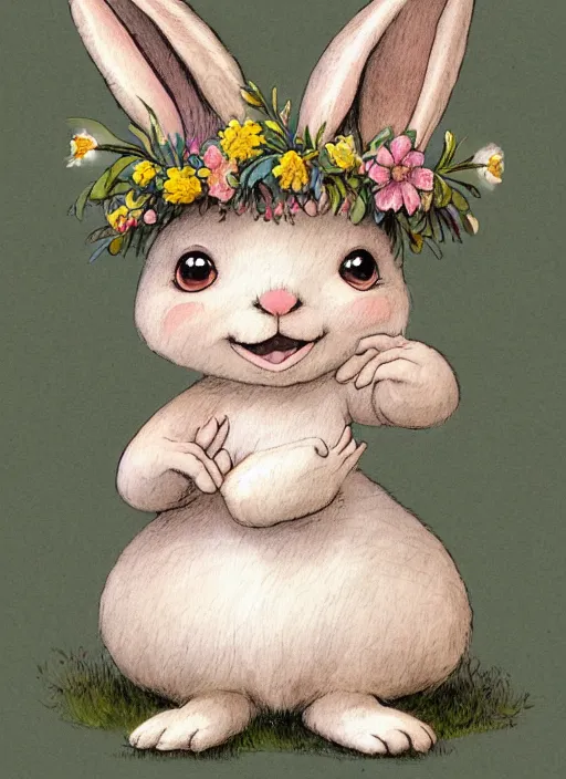 Prompt: a storybook illustration painting of a smiling happy cute rabbit wearing a flower crown on its head, by antoine de saint - exupery and annabel kidston and naomi okubo and jean - baptiste monge. a child storybook illustration, muted colors, soft colors, low saturation, fine lines, white paper