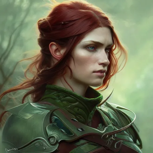 Image similar to Portrait of serious female ranger, D&D, green eyes, face, long red hair, fantasy, intricate, elegant, highly detailed, digital painting, artstation, concept art, smooth, sharp focus, illustration, art by artgerm and greg rutkowski and alphonse mucha