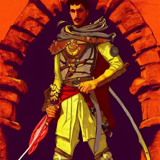Image similar to an ultra detailed vector image of solaire of astora dressed as the prince of persia, concept art by alphonse mucha and greg rutkowski, bright red desert sands, bright yellow and red sun, octane render, liminal space