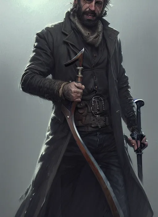 Prompt: portrait of a rugged man wearing a trenchcoat, holding a sword, victorian, concept art, detailed face, fantasy, close up face, highly detailed, cinematic lighting, digital art painting by greg rutkowski