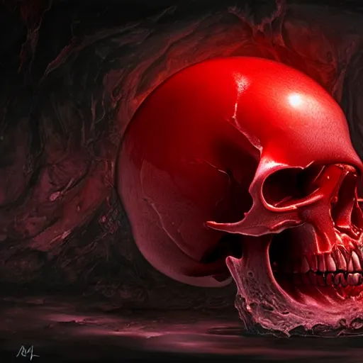 Image similar to turbulent transparent red liquid inside in a transparent skull, alayna lemmer