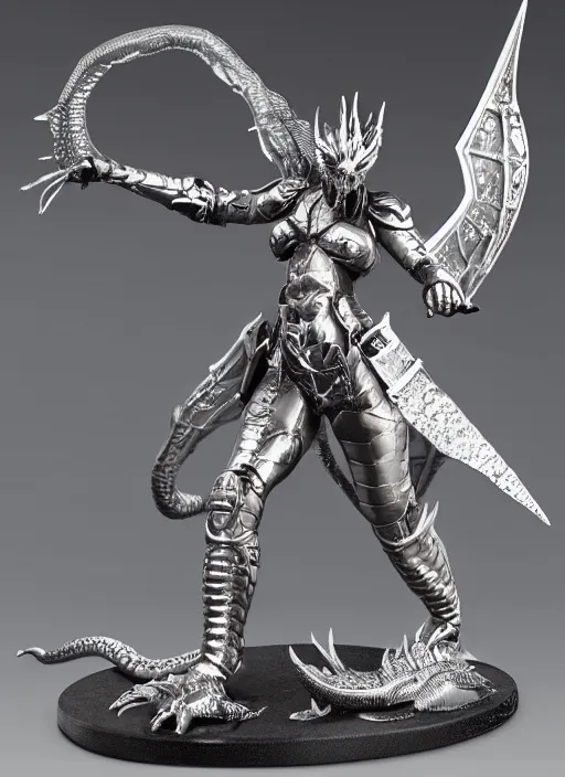 Image similar to 80mm, resin detailed model figure of a female wearing a silver dragon armor