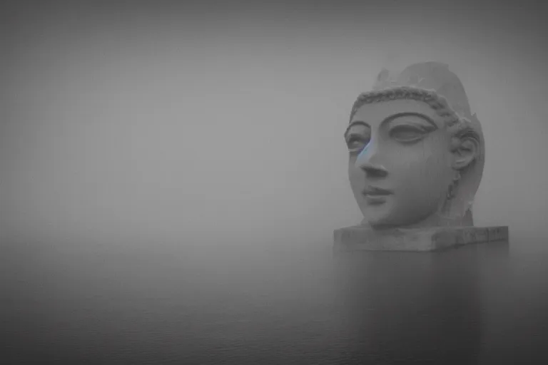 Image similar to a giant statue face of a goddess emerging from the lake, mist, lomography photo effect, monochrome, noise grain film
