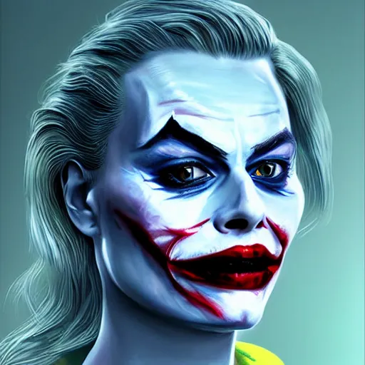 Image similar to margot robbie as the joker, highly detailed, realistic face, digital art