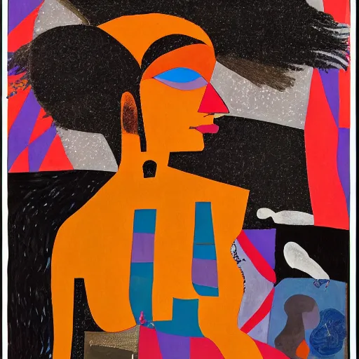 Image similar to sigma 8 5 mm f / 1. 4 by romare bearden. a experimental art of a woman standing in a field of ashes, her dress billowing in the wind. her hair is wild & her eyes are closed, in a trance - like state. dark & atmospheric, ashes seem to be alive, swirling around.