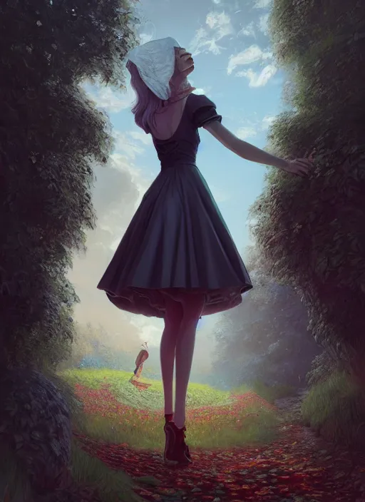 Image similar to alice wonderland detailed dress, half body shot, arms down, path traced, highly detailed, high quality, digital painting, alena aenami, arnold bocklin, tom bagshaw