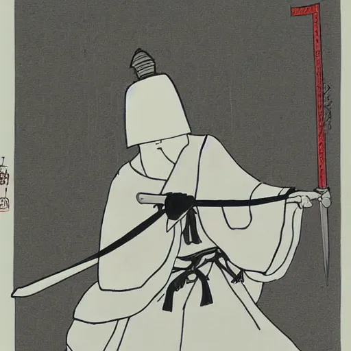 Image similar to a beautiful White cloaked Samurai Warrior with Sword Drawn by Mitsuru Adachi