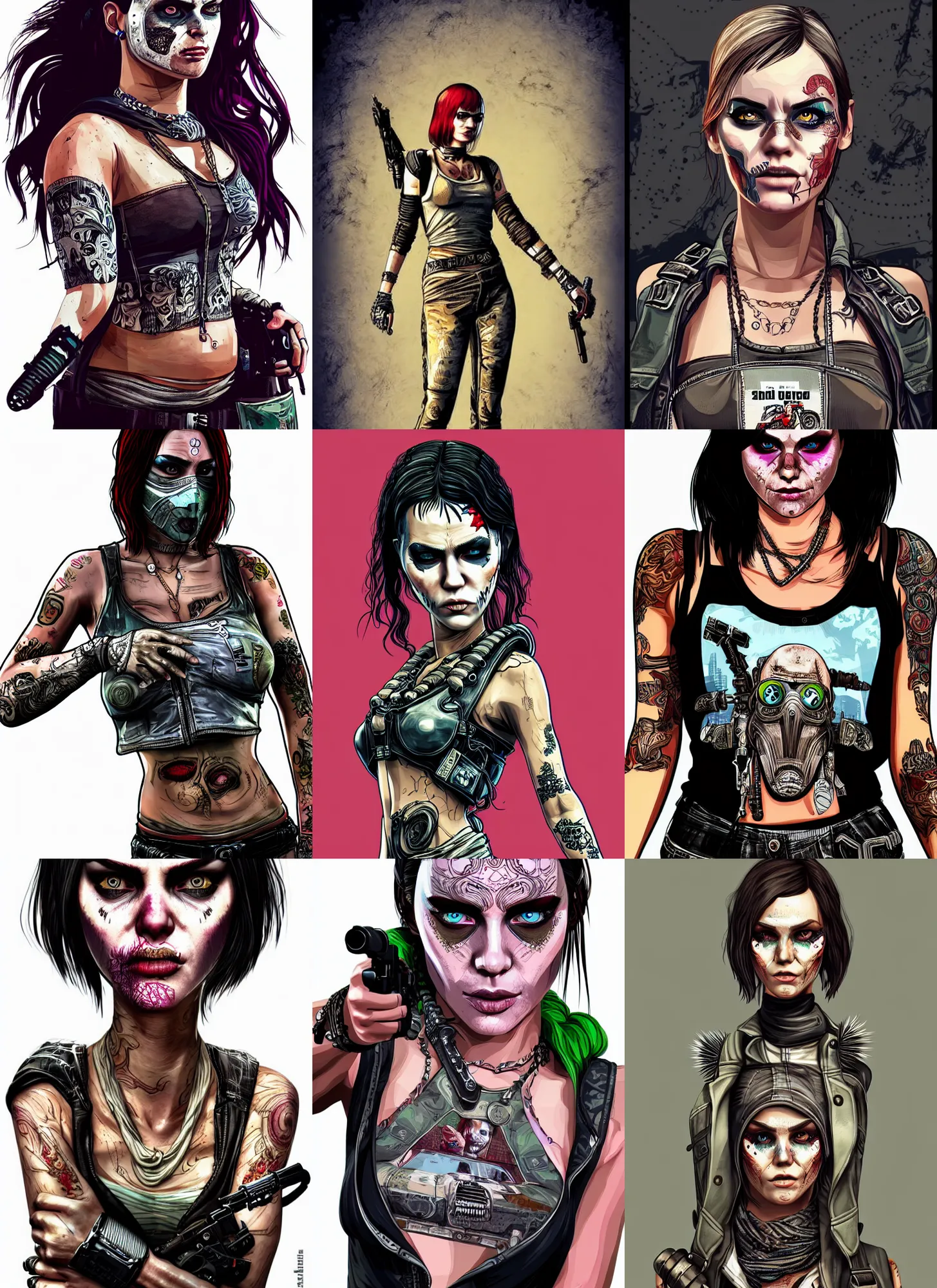 Prompt: detailed full body concept, mad max female with beautiful face and eyes wearing intricate clothing, digital illustration in the style of a gta artwork, gta v, gta 5 cover