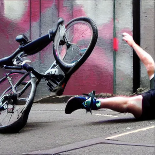 Prompt: Limmy in a bike crash falling of his bike, blood, Glasgow, photorealistic